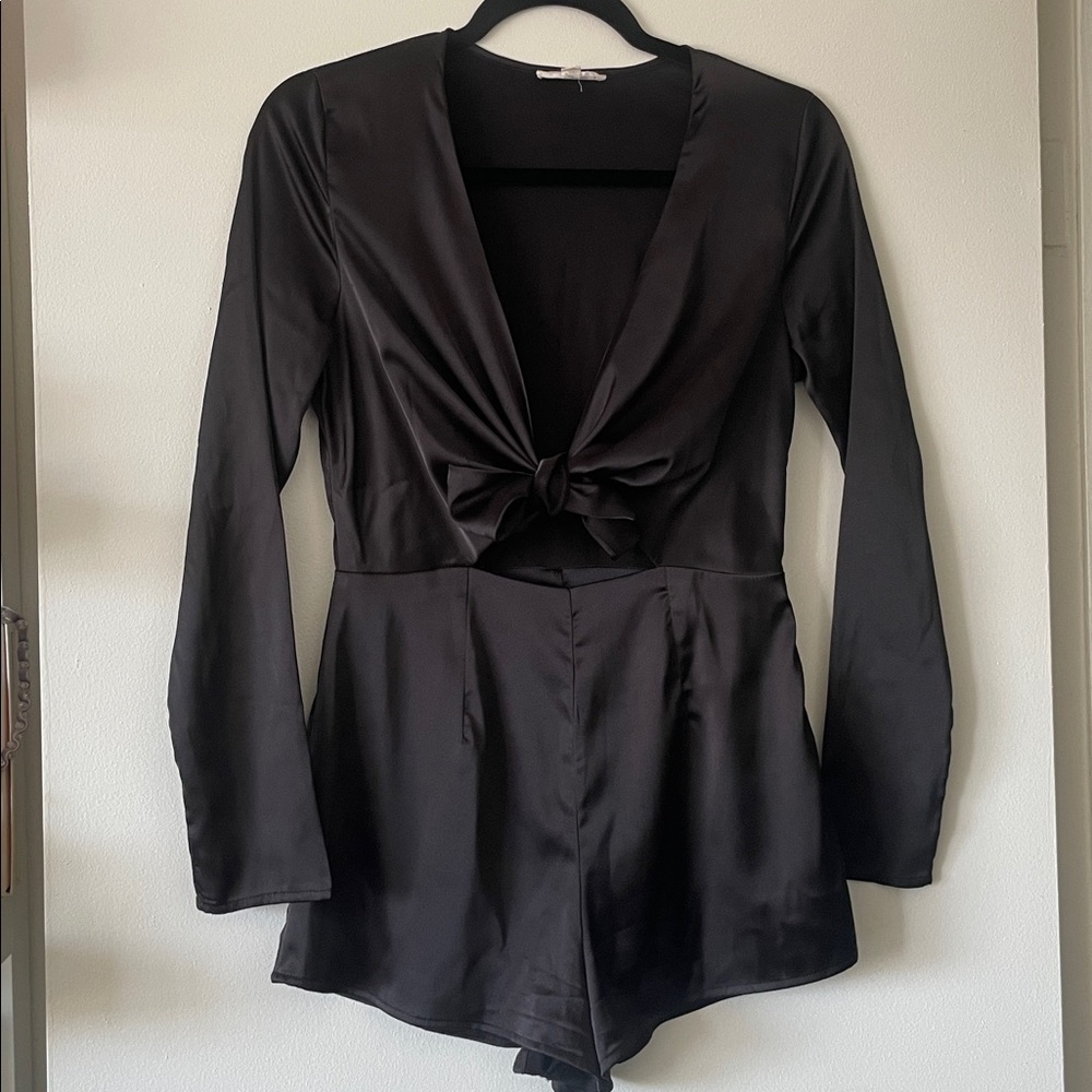 Cotton Candy Black Satin long sleeve shorts romper